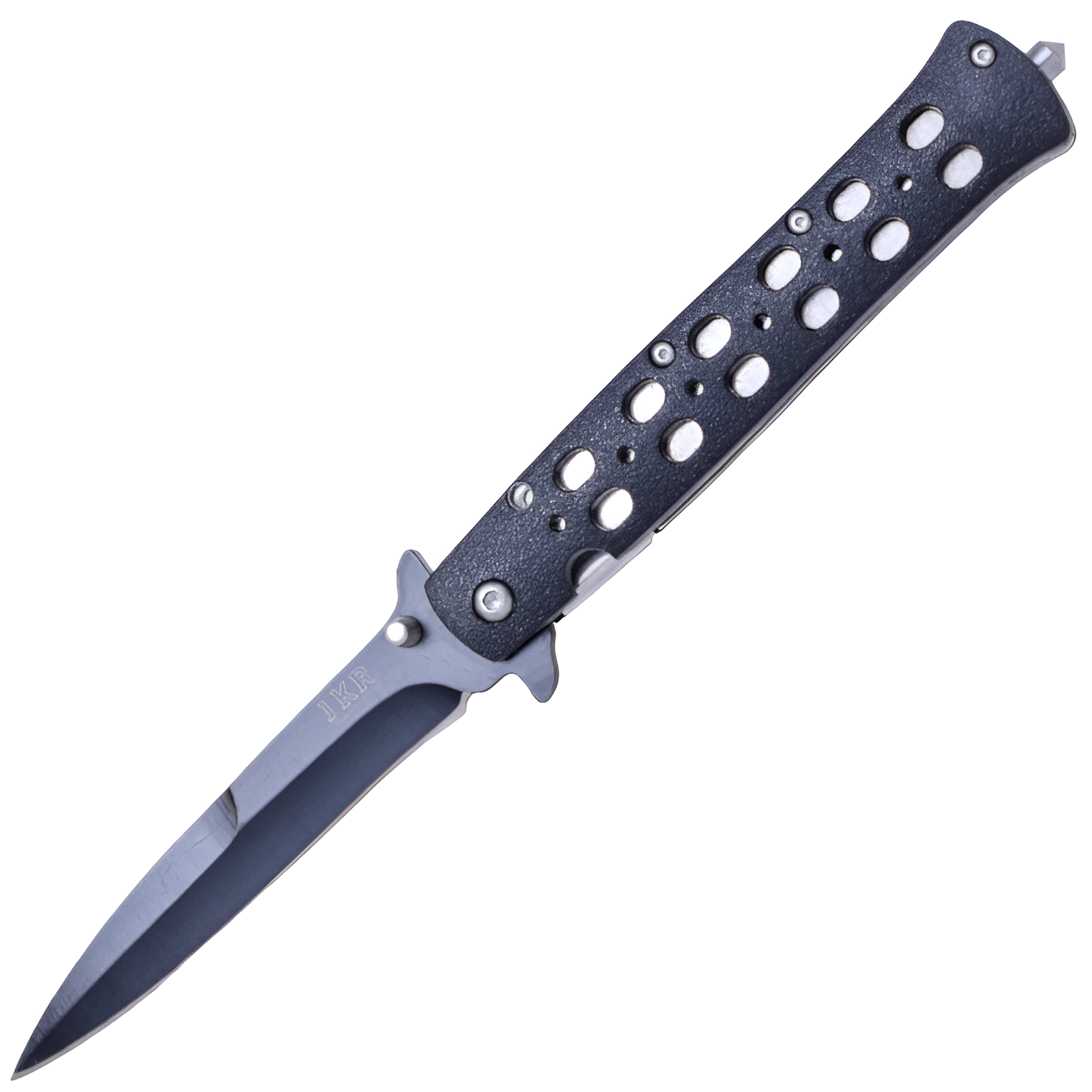 JKR Zavírací nůž, 10 cm, hliník, černý. Kvalitní nůž s čepelí z oceli 3Cr13MoV a vnitřní pojistkou. Ideální pro každodenní nošení. Střenky z černého hliníku s ocelovým hrotem na rozbíjení oken.