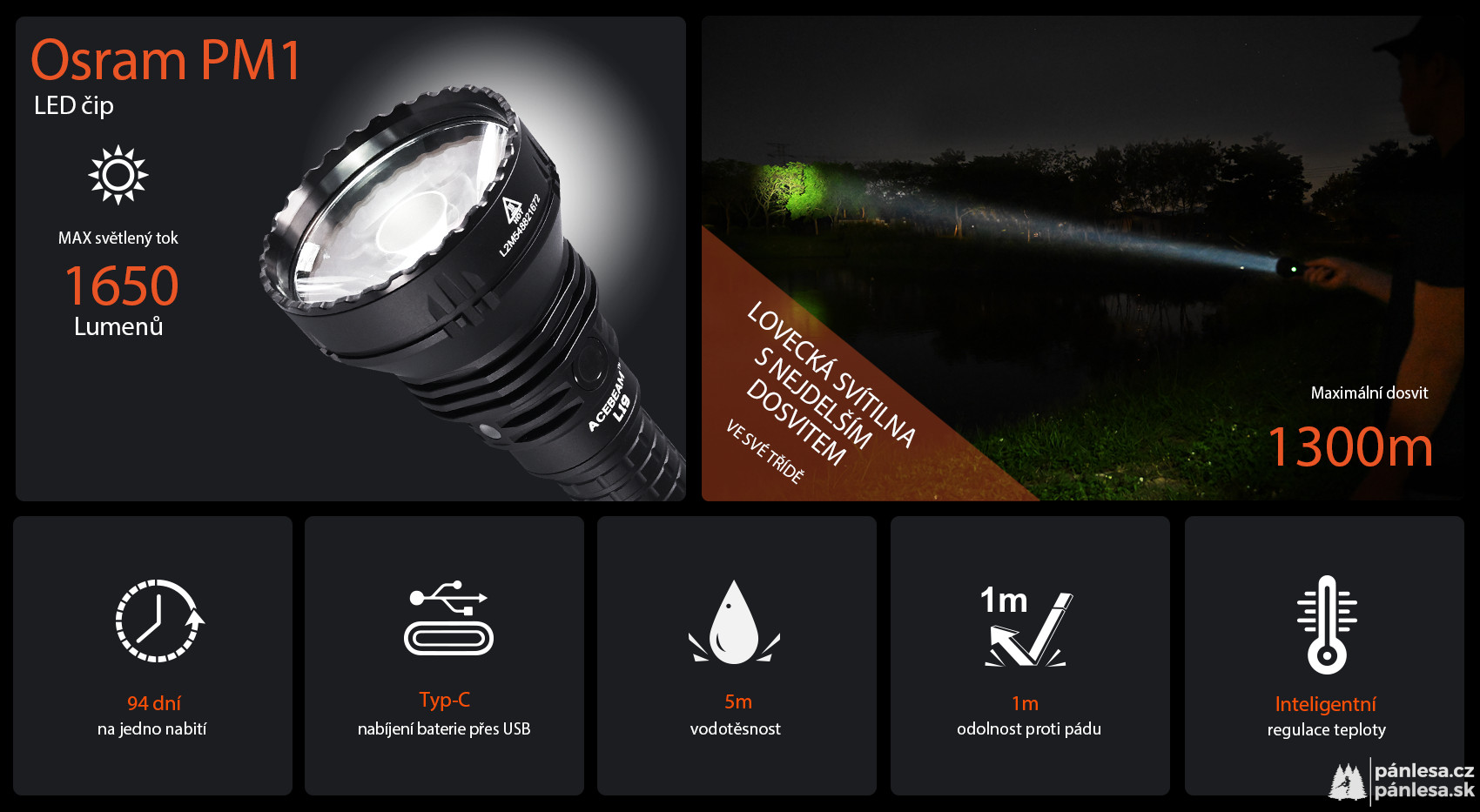 AceBeam L19 2.0, 1650 lm, Osram PM1 - Lovecká LED svítilna, černá