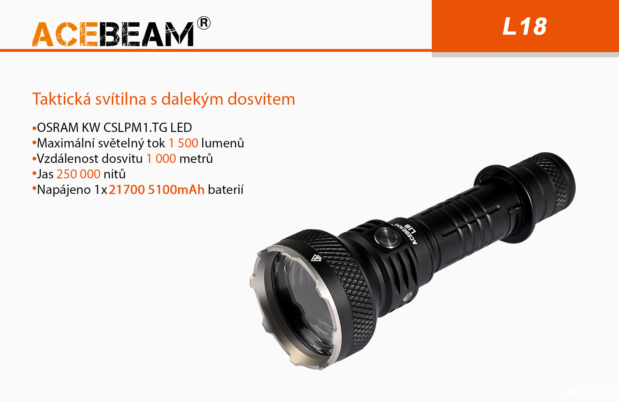 AceBeam L18, 1500 lm - Lovecká LED svítilna, černá