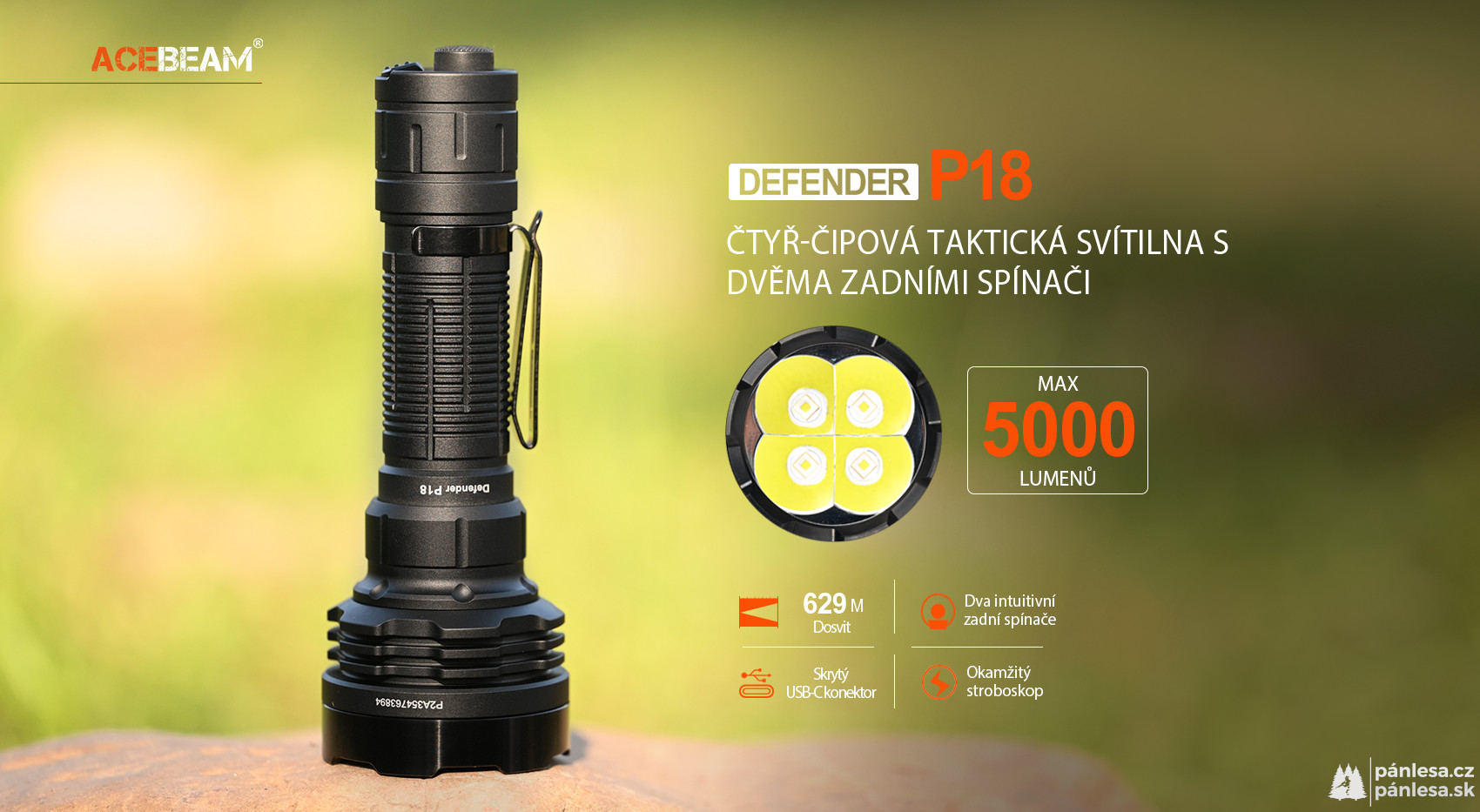 AceBeam Defender P18, 5000 lm, black - Taktická LED svítilna, černá